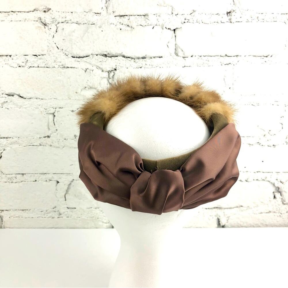 Vintage M. Berne Mink Fur Ribbed Satin Bow Headband Hat